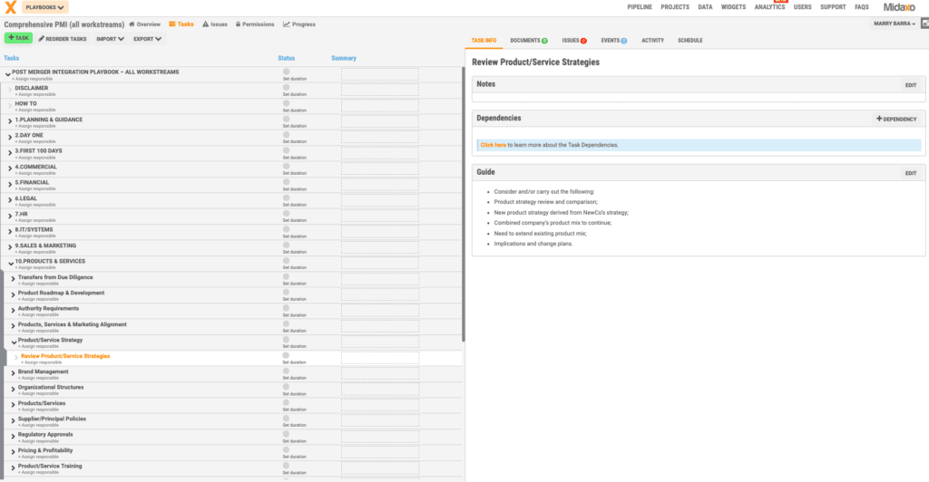 Image of Post-Merger Integration Playbooks screen