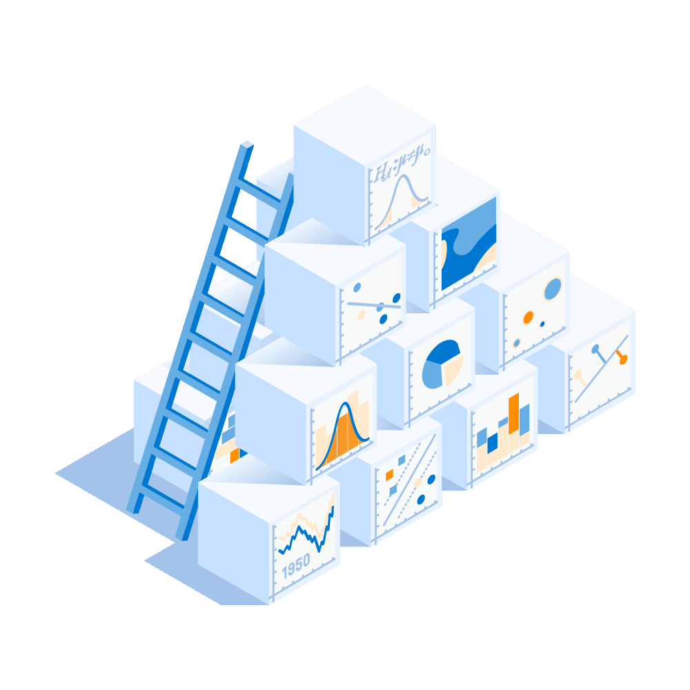 Integration graphic. The image consist in a pile of cubes, each one with a different graphic in one of their faces, a ladder.