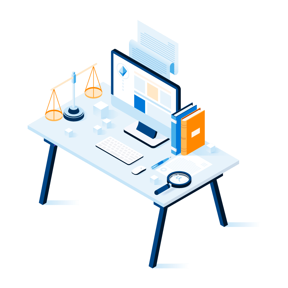 Legal graphic. The image consist in a desk with a scale, a monitor, keyboard, mouse, some books, a magnifying glass, some documents.