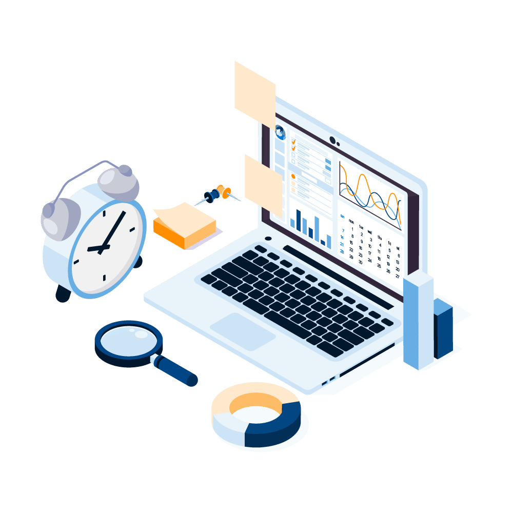 Image of M&A Project Management Playbooks. The image consist in a laptop, a magnifying glass, some post-it, a vintage alarm clock.