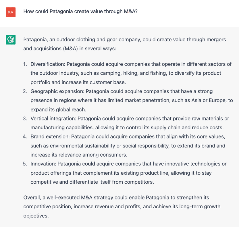 ChatGPT response to the prompt "How could Patagonia create value through M&A?"