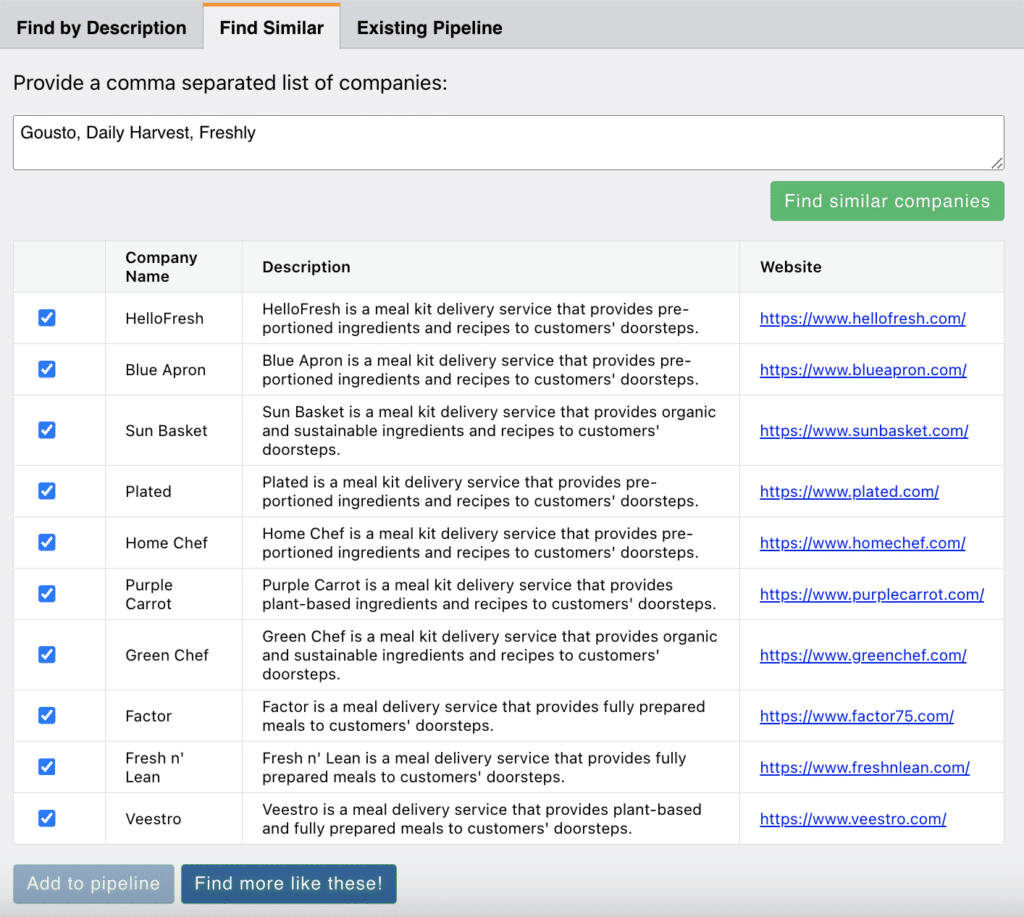 AI enhanced deal sourcing with "similar companies" input.